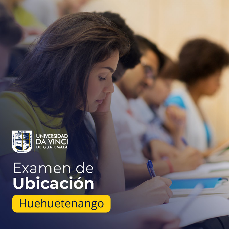 Imagen de mujer en primer plano, escribiendo sobre un documento en una mesa, con el texto Examen de ubicación Huehuetenango.