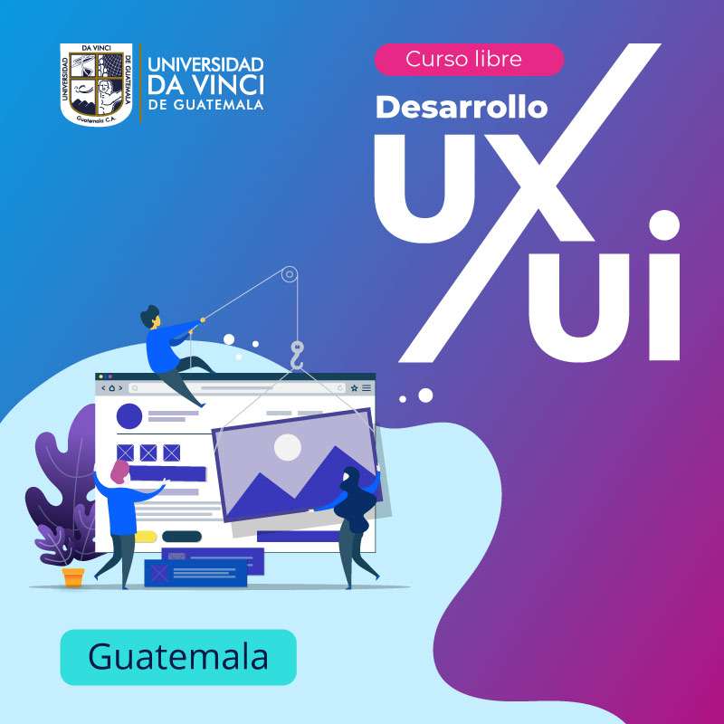 Imagen vectorizada con personas construyendo un sitio web en colores azul y morado, con el texto curso libre desarrollo UX, UI, Guatemalteca.