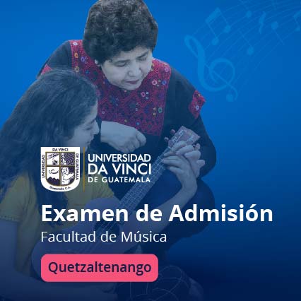 Imagen con degradado azul de una mujer enseñando a tocar el ukelele a una niña, con el texto Examen de Admisión, Quetzaltenango.