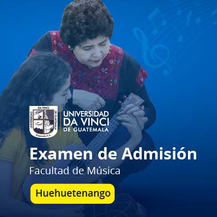 Imagen con degradado azul de una mujer enseñando a tocar el ukelele a una niña, con el texto Examen de Admisión, Huehuetenango.