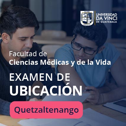 Imagen de dos jóvenes realizando un trabajo en clase, con un degrade azul y el texto, facultad de ciencias médicas y de la vida examen de ubicación Quetzaltenango.