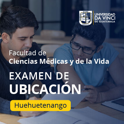 Imagen de dos jóvenes realizando un trabajo en clase, con un degrade azul y el texto, facultad de ciencias médicas y de la vida examen de ubicación Huehuetenango.