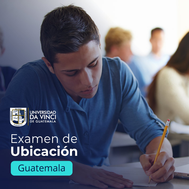 Joven escribiendo sobre una hoja de papel sobre un escritorio con un degrade azul, con el texto examen de ubicación Guatemala.