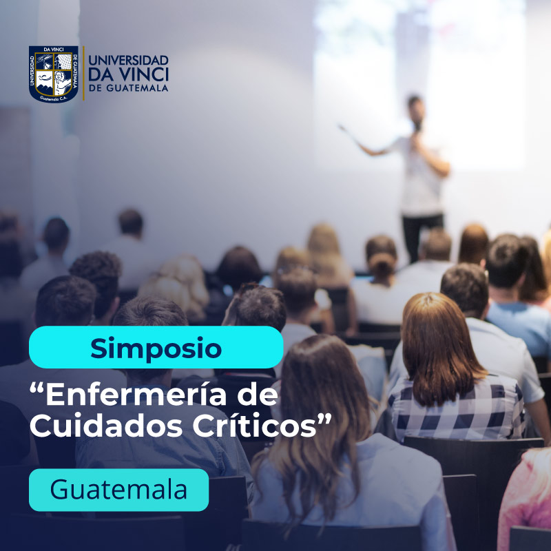 Imagen de una conferencia en un salón lleno de personas, con un degradado en color azul, con el texto Simposio "Enfermería de Cuidados Críticos"., Guatemala.