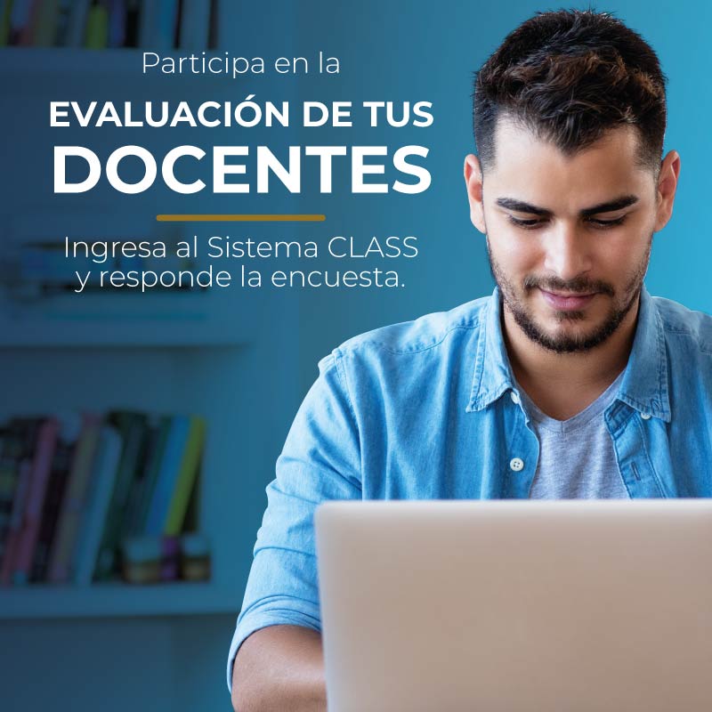 Primer plano de un joven de camisa celeste frente a una laptop en una habitación con un fondo en degrade de color celeste, con el texto participa en la evaluación de tus docentes, ingresa al sistema CLASS y responde la encuenta.