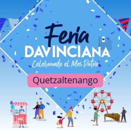 Imagen vectorizada de fondo celeste, confeti y elementos de feria, con el texto Feria Davinciana celebrando el mes de la patria Quetzaltenango.