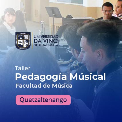 Imagen de un conjunto de músicos de instrumentos de viento, con un degrade en azul por encima, con el logotipo de Universidad Da Vinci de Guatemala, con el texto, taller de elementos básicos de jazz y pedagogía musical contemporánea, Facultad de Música Quetzaltenango.