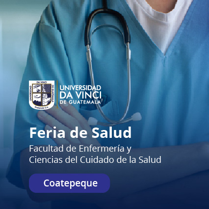 Imagen en primer plano del pecho de un enfermero con el estetoscopio en el cuello, de manos cruzadas, con un degrade en azul, contiene el texto Feria de la Salud Facultad de Enfermería y Ciencias del Cuidado de la Salud, coatepeque.