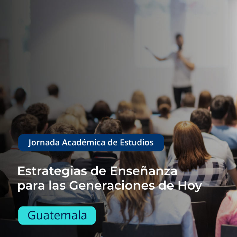 Imagen de conferencia con auditorio lleno, con una transparencia en gris, con el texto jornada académica de educación, Estrategias de Enseñanza para las Generaciones de hoy, Guatemala.