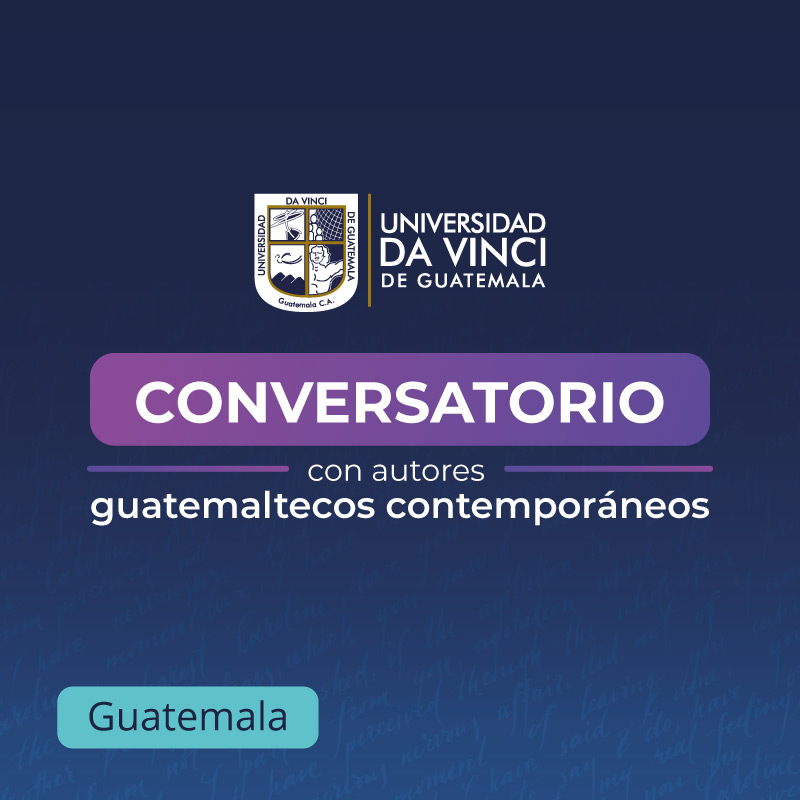 Imagen vectorizada de fondo azul con tonalidades moradas con el logotipo de la universidad, con el texto conversatorio con autores guatemaltecos contemporáneos.