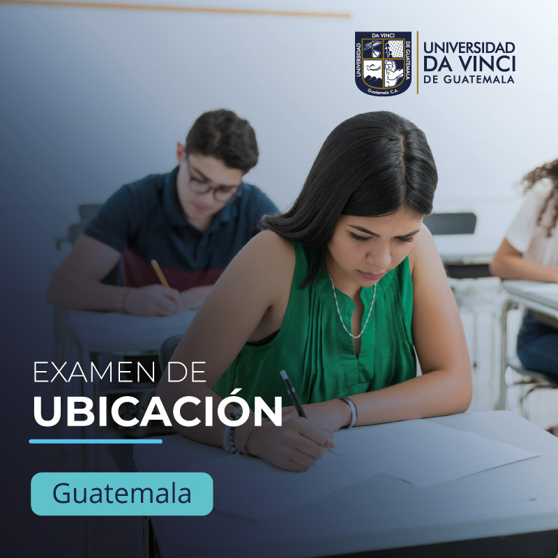 Imagen de estudiantes desarrollando un examen en un aula, con un degrade color negro con transparencia, con el título examen de ubicación Guatemala.