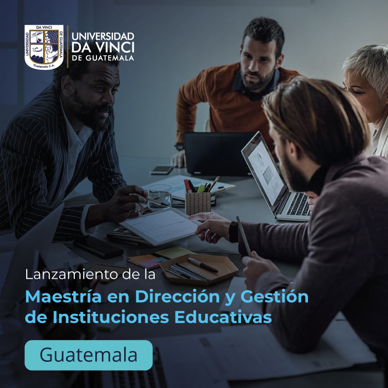 Imagen de jóvenes teniendo una reunión en una mesa circular, con una transparencia azul, con el texto Lanzamiento de Maestría en Dirección y Gestión de Instituciones Educativas, Guatemala.