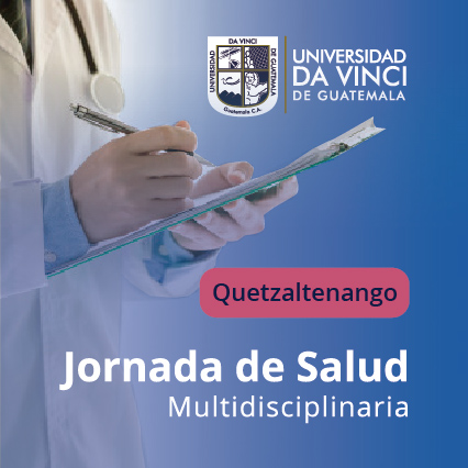 Imagen de un médico haciendo anotaciones con un degrade en azul, con el logotipo de Universidad Da Vinci y el texto Quetzaltenango, Jornada de salud Multidisciplinaria.