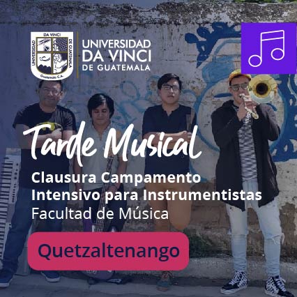 Fotografía de músicos recostados en la pared, con instrumentos en la mano, con una transparencia en color morado, con el texto Tarde Musical, Clausura campamento intensivo para instrumentistas, Facultad de música Quetzaltenango.