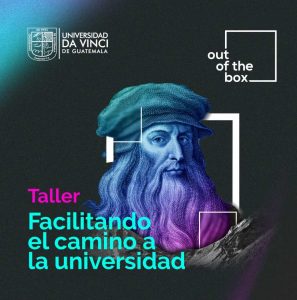 Imagen vectorizada con el rostro de Leonardo Da Vinci, con una combinación negro y celeste, con el texto taller facilitando el camino a la universidad.