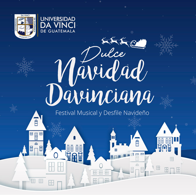 Imagen vectorizada con fondo azul, una villa en la nieve de color blanco con copos de nieve, con el texto dulce navidad davinciana, festival navideño y diseño navideño.