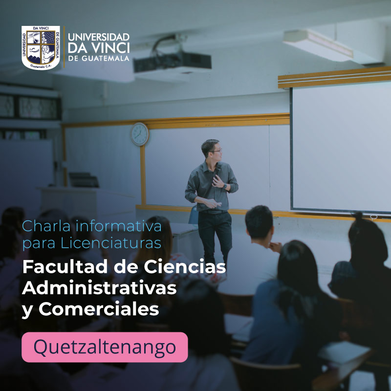 Fotografía de una conferencia con un degradado en transparencia con azul, con el texto Charla informativa de Licenciaturas, Facultad de Ciencias Administrativas y Comerciales, Quetzaltenango.