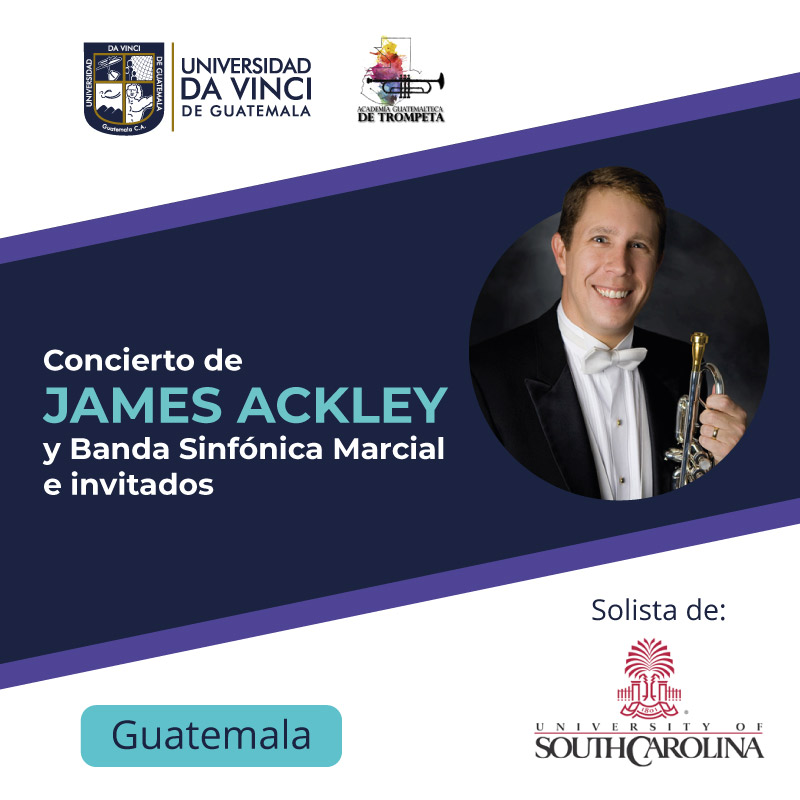 Imagen con vectores de color morado y azul, fondo color blanco y la fotografía de James Ackley., con el texto concierto James Aackley y banda sinfónica marcial e invitados.