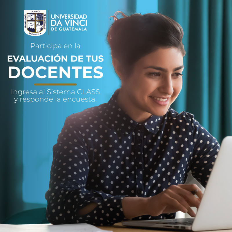 Imagen de una joven sentada frente a una computadora, en un fondo con transparencia azul, con el texto participa en la evaluación de tus docentes, ingresando al class y respondiendo la encuesta.