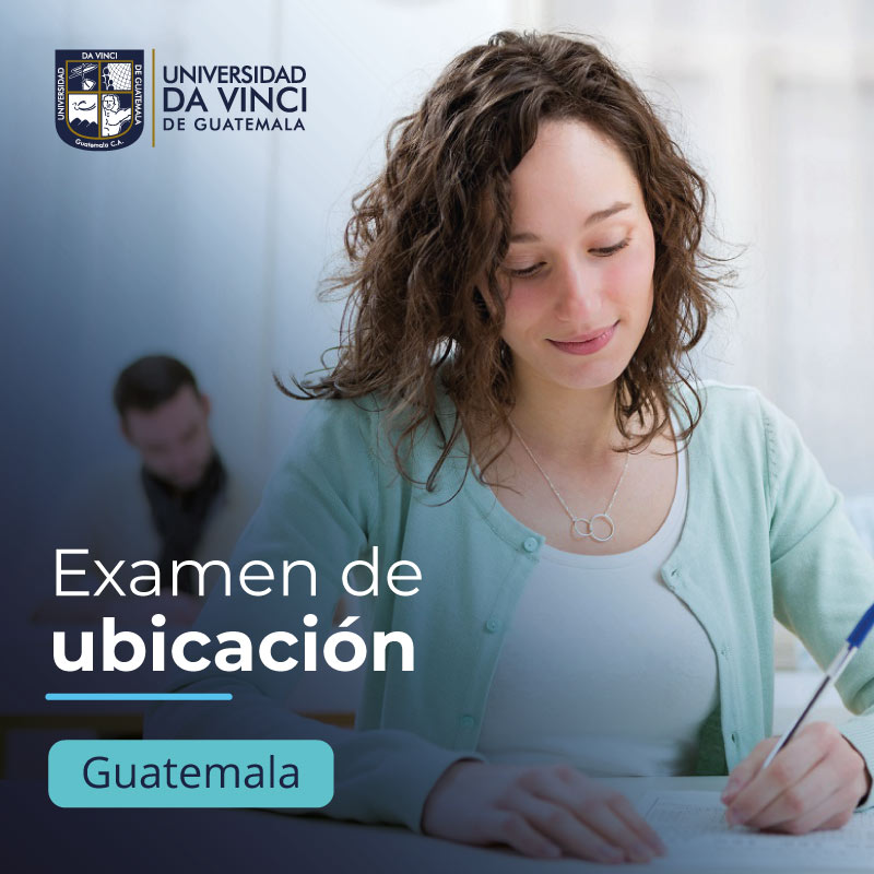 Una joven escribiendo sobre una hoja de papel sobre un escritorio con un degrade azul, con el texto examen de ubicación Guatemala.