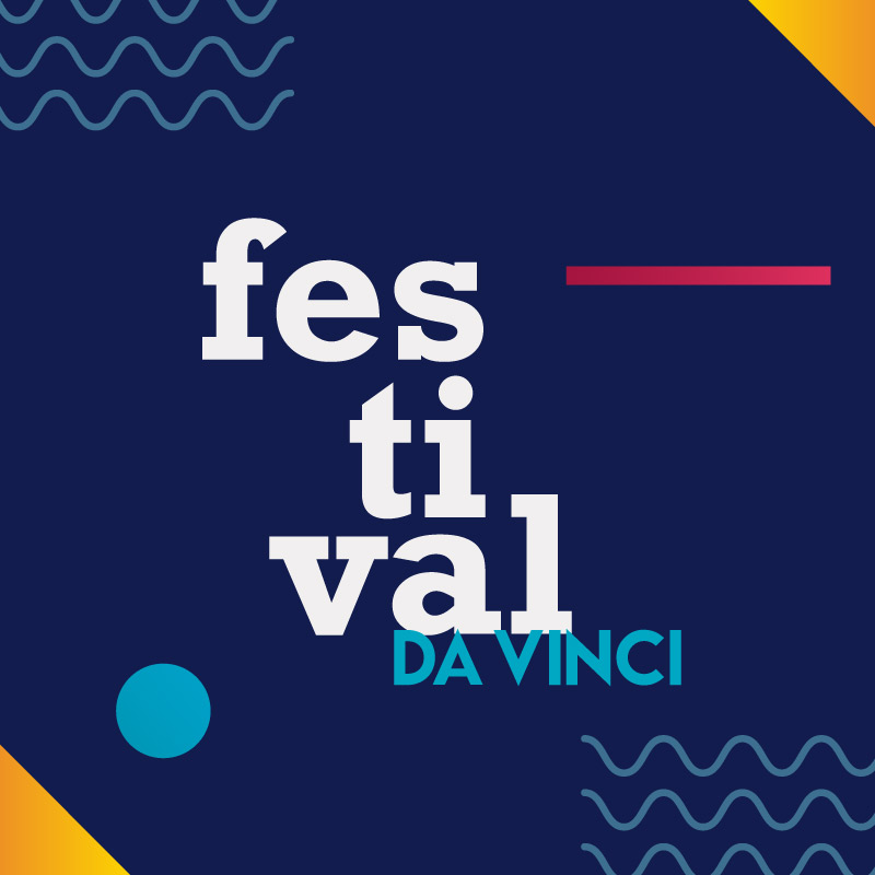 Imagen vectorizada de fondo azul, con ondas celeste y rectángulos rojos, con el texto festival da vinci.