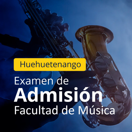 Imagen de un saxofón con un degrade en azul con transparencia, con el texto Huehuetenango examen de admisión facultad de música.