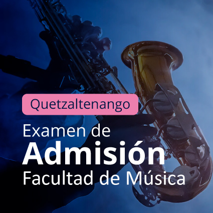 Imagen de un saxofón con un degrade en azul con transparencia, con el texto Quetzaltenango examen de admisión facultad de música.