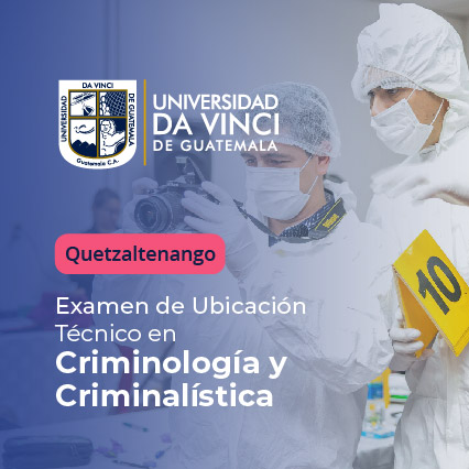 Imagen de dos jóvenes vestidos con trajes especiales para recabar evidencias de una escena de crimen, con el texto Quetzaltenango examen de ubicación técnico en criminología y criminalística.