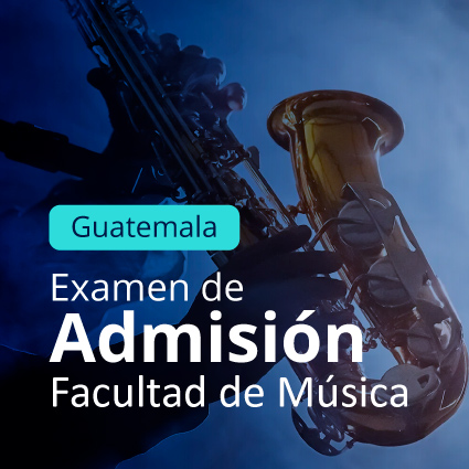 Imagen de un saxofón con un degrade en azul con transparencia, con el texto Guatemala examen de admisión facultad de música.