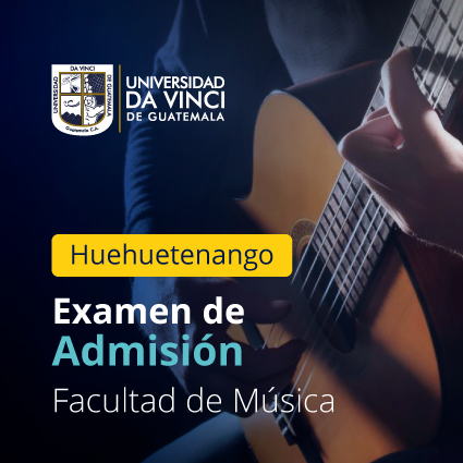 Imagen de guitarrista sosteniendo una guitarra con un filtro transparente en azul, con el texto Huehuetenango, examen de admisión facultad de música.