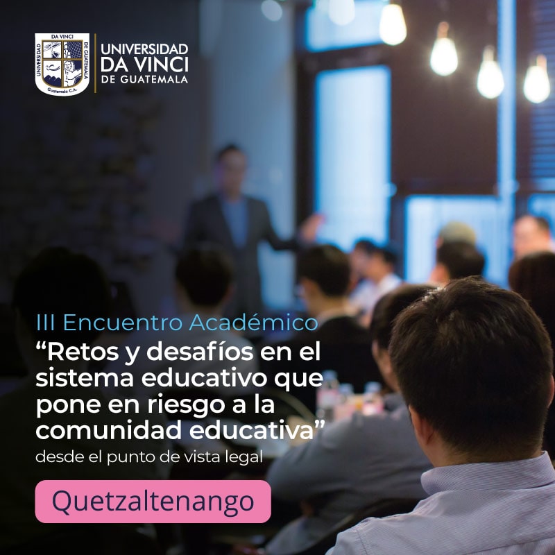 Imagen de una conferencia con un degrade en negro con transparencia, con el texto III Encuentro “Retos y desafíos en el sistema educativo que pone en riesgo a la comunidad educativa “desde punto de vista legal, Quetzaltenango.