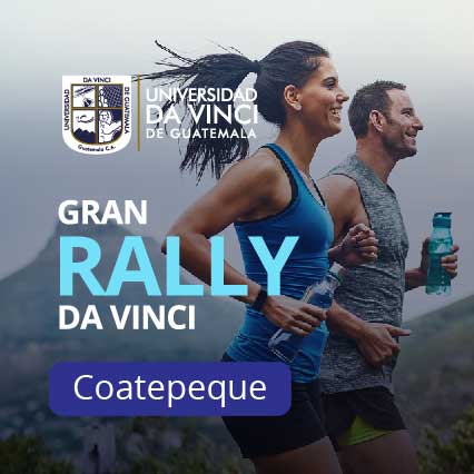 imagen de dos personas corriendo al aire libre, con una transparencia en negro, con el texto gran rally da vinci coatepeque.