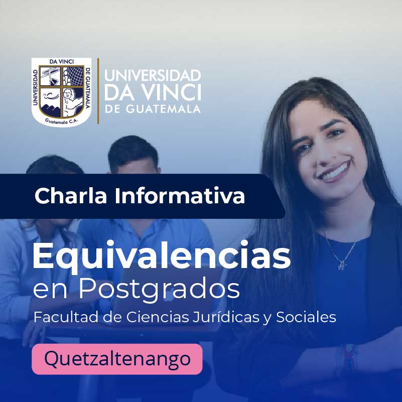 Imagen en primer plano de estudiante en salón de clases con otros estudiantes al fondo, con un degrade en transparencia de color azul, con el texto charla informativa equivalencias en postgrado, facultad de ciencias jurídicas y sociales, quetzaltenango.