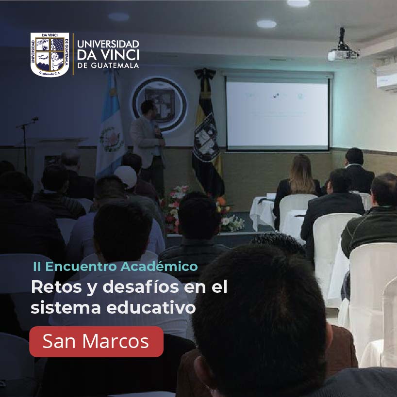 Imagen de una conferencia con un degrade en azul con transparencia, con el texto II Encuentro Académico Retos y desafíos en el sistema educativo, san marcos.