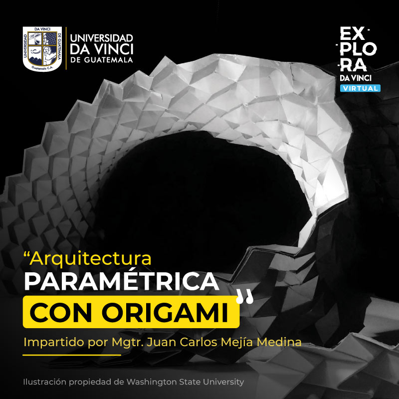 Imagen de modelo en papel de edificación arquitectónica bajo un degrade en negro con transparencia con el texto Arquitectura paramétrica con origami.