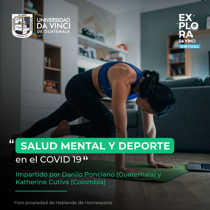 Imagen de una joven realizando ejercicios sobre un mat en la sala frente a una laptop, con un degrade en negro con transparencia con el texto Salud mental y deporte en el Covid-19.