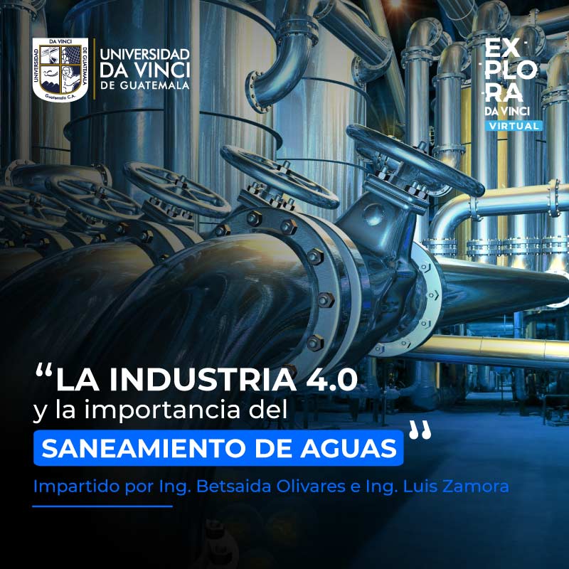 Fotografía en primer plano de maquinaria con un degrade con transparencia por encima con el texto industria 4.0 y la importancia del saneamiento de aguas.