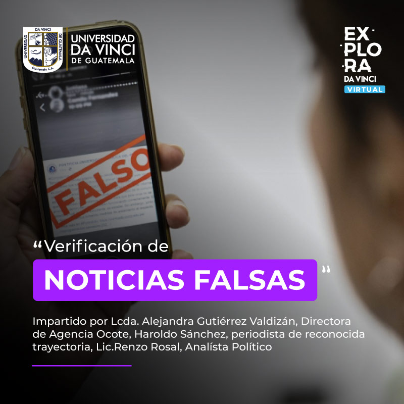 Imagen de primer plano de persona viendo su celular con la palabra falso en la pantalla con un degrade en negro con transparencia con el texto