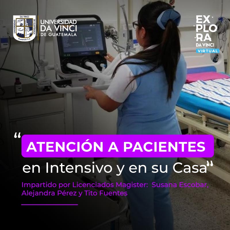 Imagen de enfermera frente a monitor de presión arterial con un degrade en negro con transparencia con el texto Atención a pacientes en intensivo y en su casa.