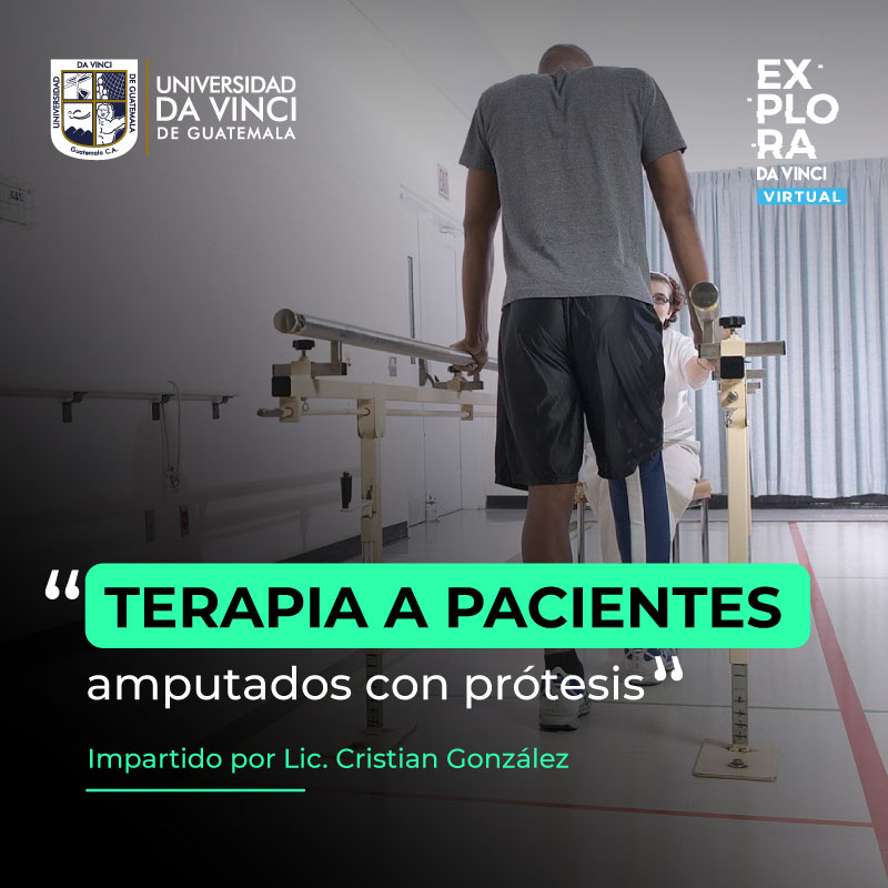 Imagen de paciente con prótesis en las barras haciendo terapia muscular con un degrade en negro con transparencia con el texto Terapia a pacientes amputados con prótesis.