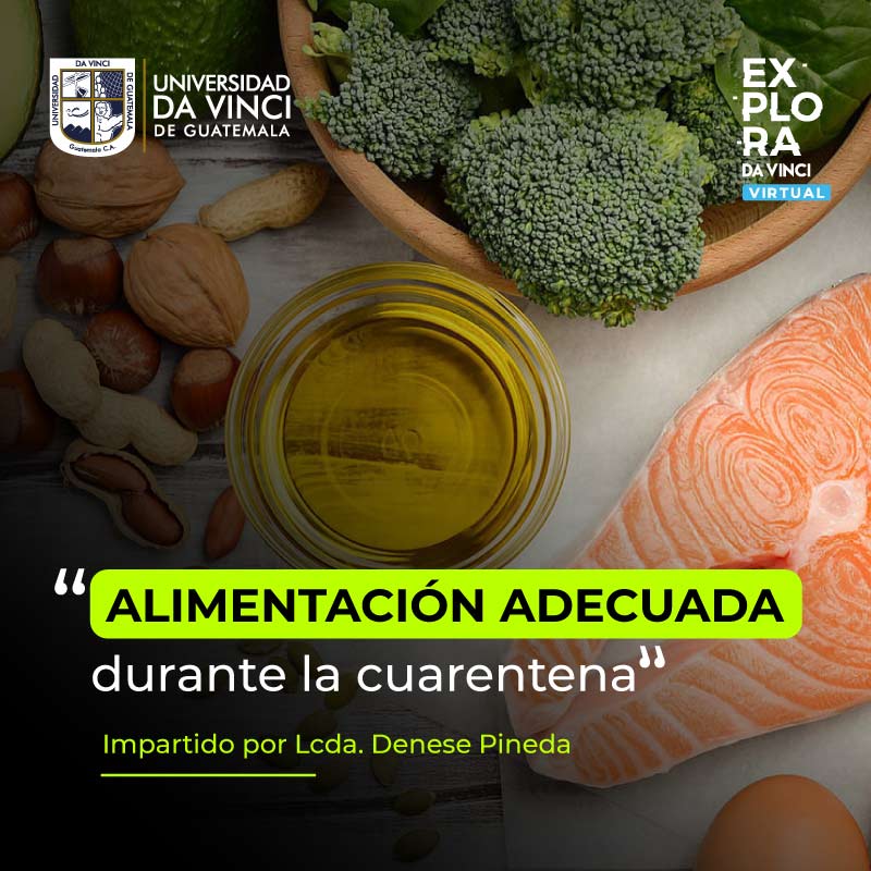 Imagen de alimentos sobre una mesa blanca con un degradado en negro con transparencia con el texto alimentación adecuada durante la cuarentena.