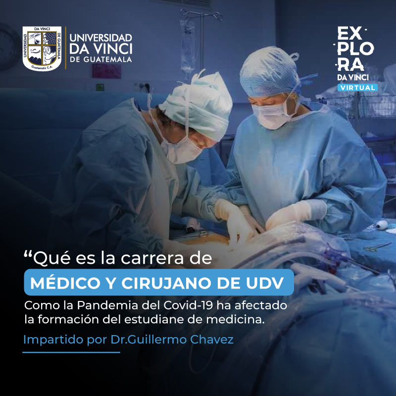 Fotografía de cirujanos en una operación en quirófano con un degrade en negro con transparencia con el texto Que es la carrera de Medico y Cirujano de UDV. Como la Pandemia del Covid - 19 ha afectado la formación del estudiante de medicina.