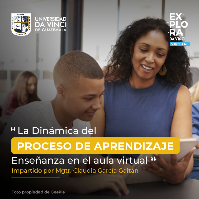 imagen de maestra con una tablet en la mano enseñando a un joven con un degradado en negro con transparencia con el texto La dinámica del proceso de aprendizaje - Enseñanza virtual.