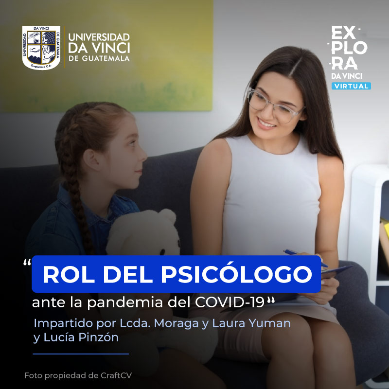 Imagen de una psicóloga haciendo terapia a una niña en su consultorio, con un degradado en negro con transparencia, con el texto rol del psicólogo ante la pandemia covid-19.