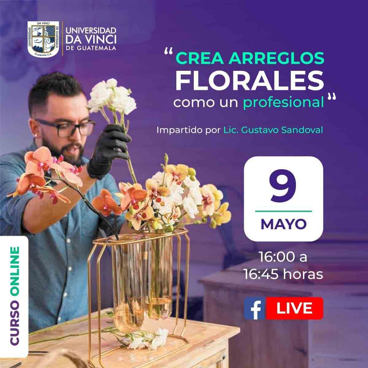 Imagen de una persona armando un arreglo floral con un fondo en degrade morado con transparencia con el texto crea arreglos florales como un profesional.