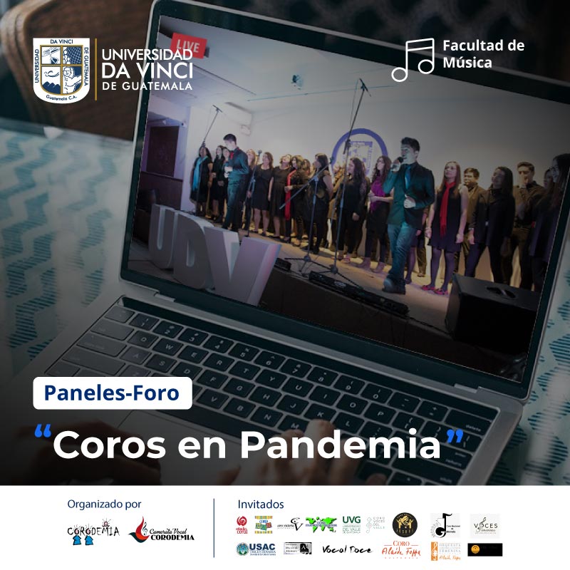 Imagen de una laptop sobre una mesa con un live en su pantalla y en la parte inferior logotipos de patrocinadores del evento Paneles - foros "Coros en Pandemia".