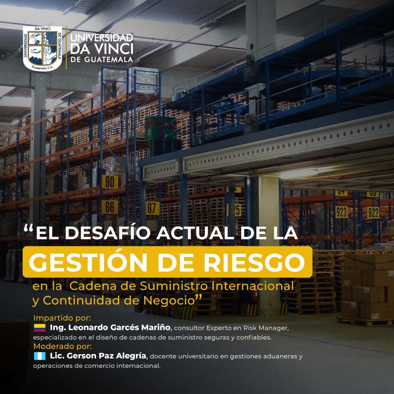 Imagen de una bodega de comercio internacional con un degradado en negro con transparencia, con el texto el desafío actual de la gestión de riesgo en la cadena de suministro internacional y la continuidad del negocio.