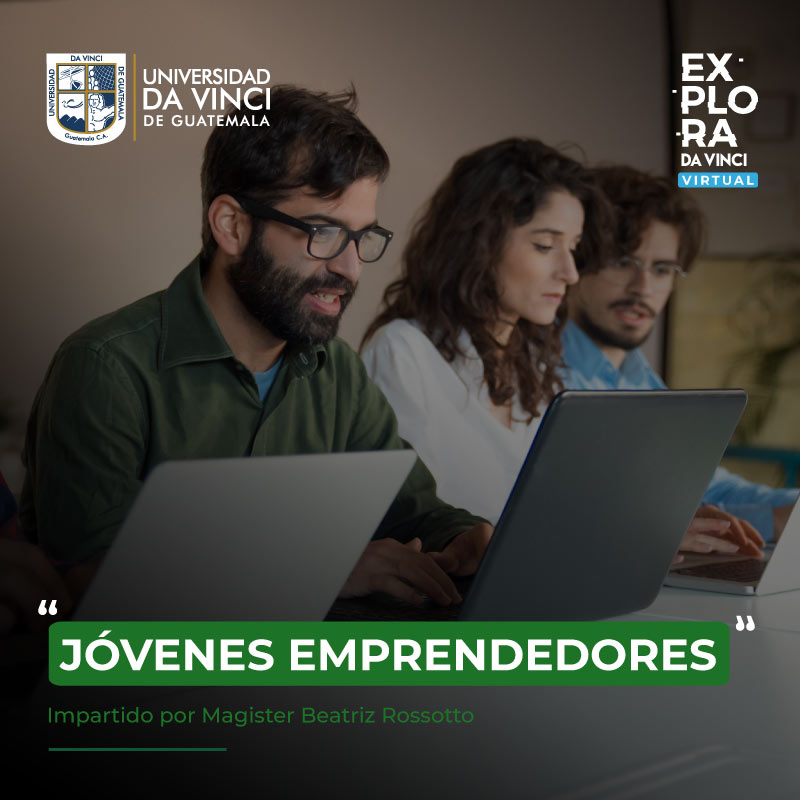 Imagen de tres jóvenes trabajando en su laptop sobre una mesa, con un degradado en color negro con transparencia, con el texto jóvenes emprendedores.