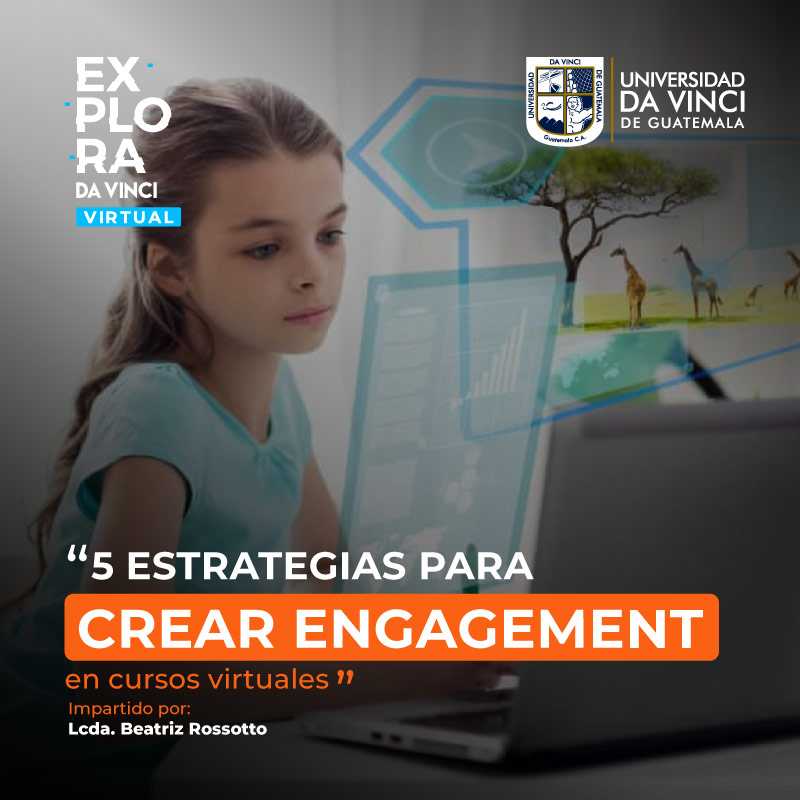 Imagen de una niña frente a una laptop en su habitación, recibiendo clases en línea, con un degradado en color negro y transparencia con el texto del evento 5 estrategias para crear engagement en cursos virtuales.