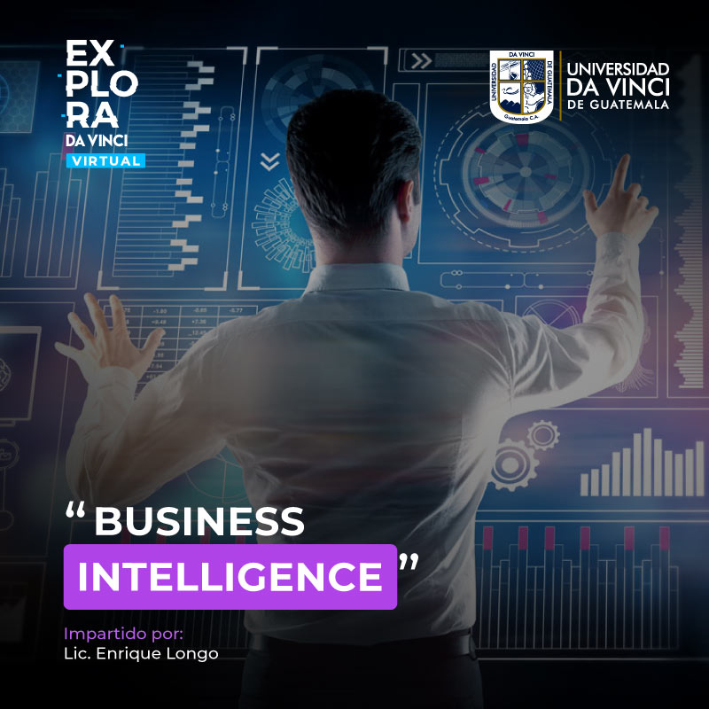 Imagen compuesta, con un joven de espaldas frente a una pantalla digital, con un degradado negro con transparencia por encima con el titulo del evento business intelligence.